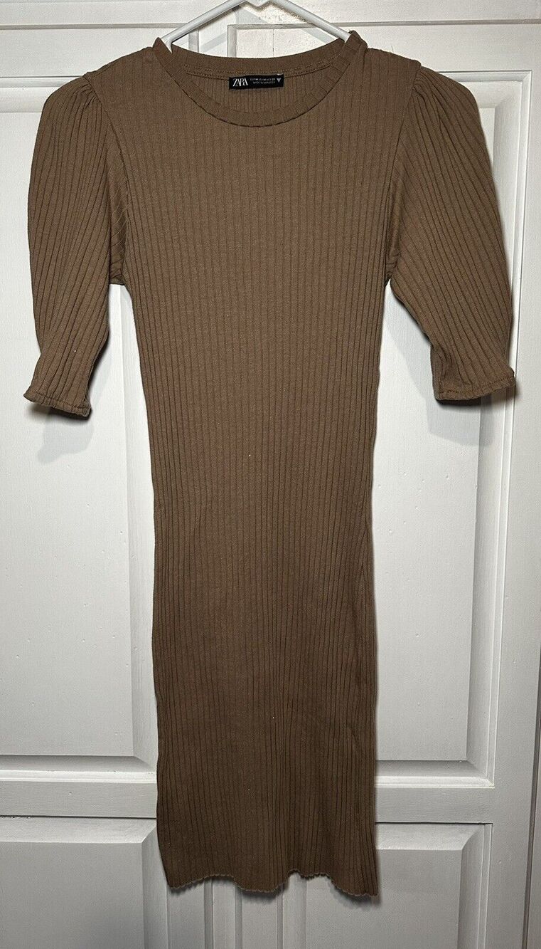 Zara Ribbed Midi Sparkle Body on Dress Size Medium Beige
